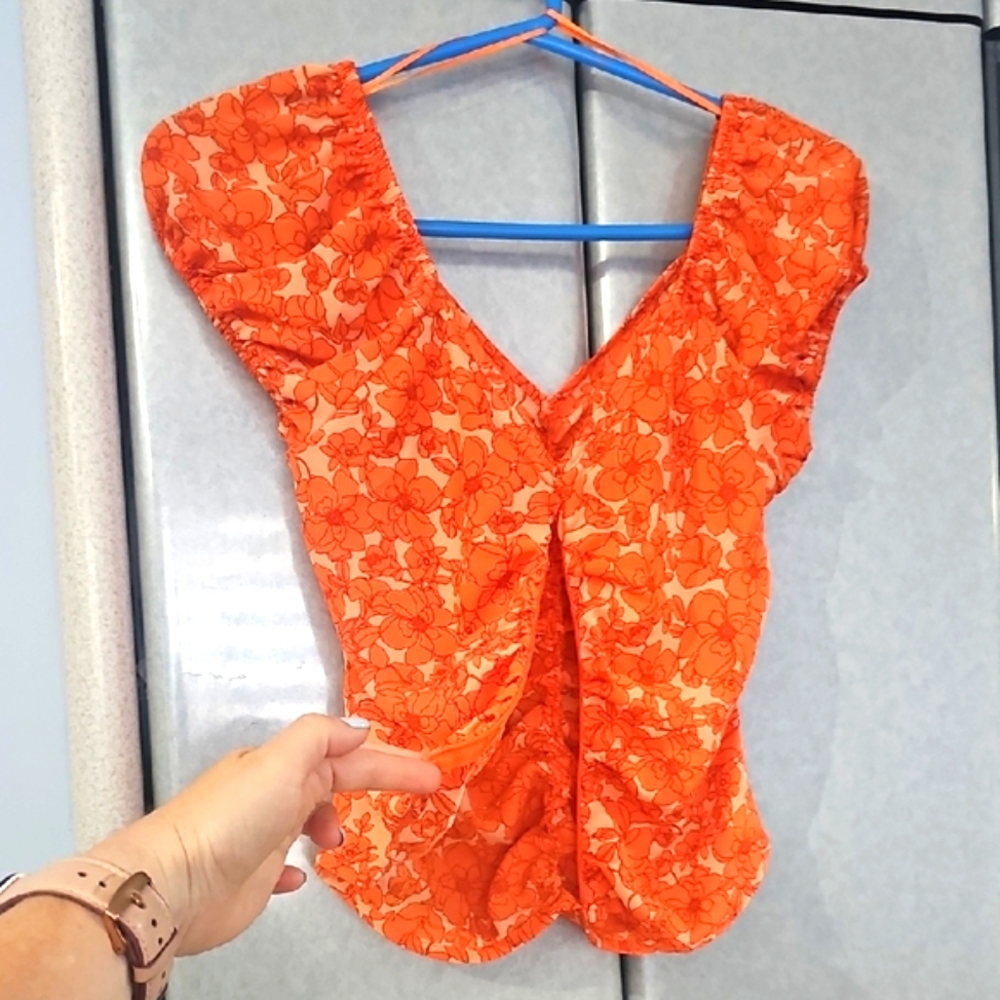 Sienna Sky Orange Floral Cinched Top, Size M - Picture 3 of 5